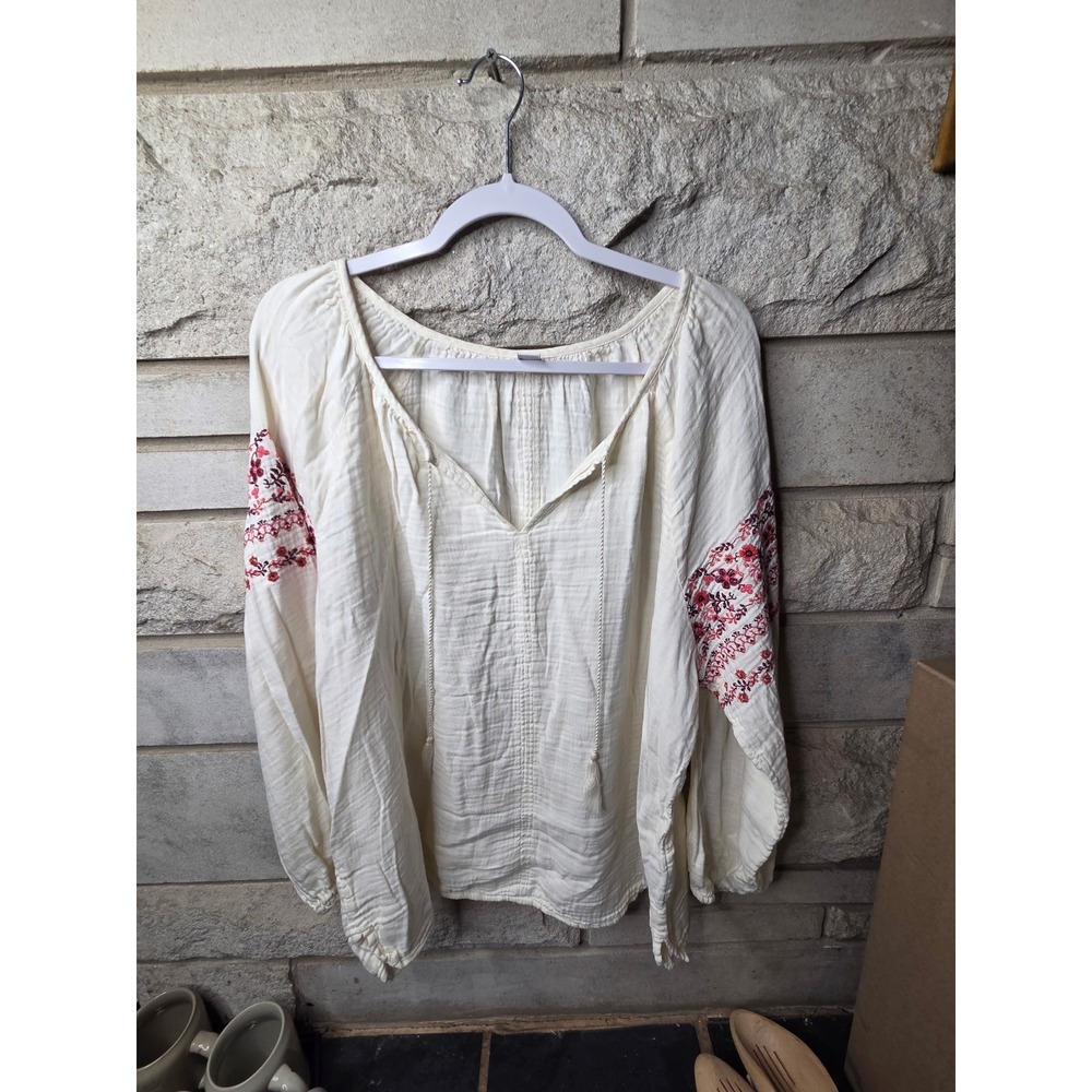 Old Navy Womens XL Cream Embroidered Gauze Peasant Blouse Boho Tassel Top 0875